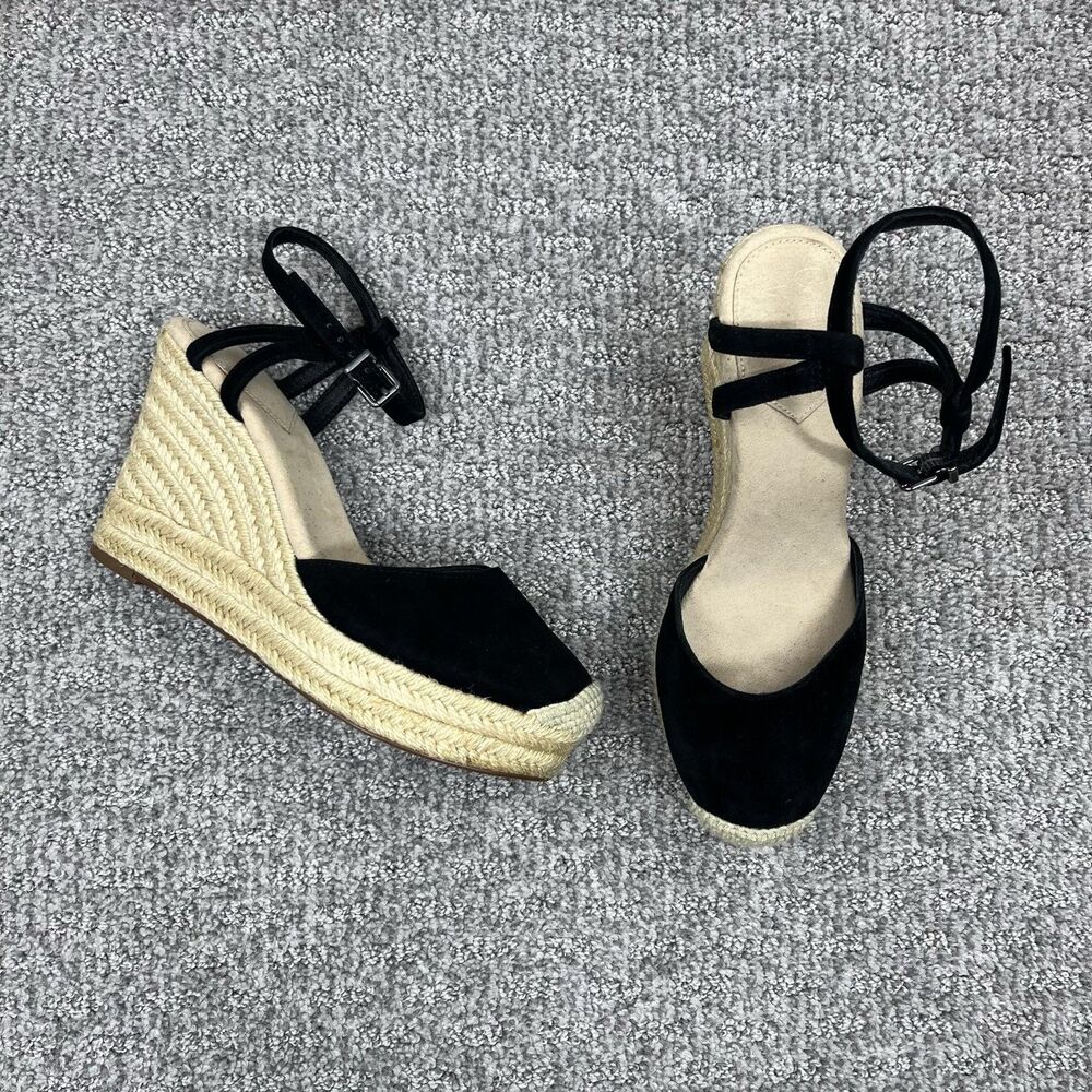 Crown Vintage Wedge Sandals Womens 7.5 Black Suede Espadrille Ankle Strap
